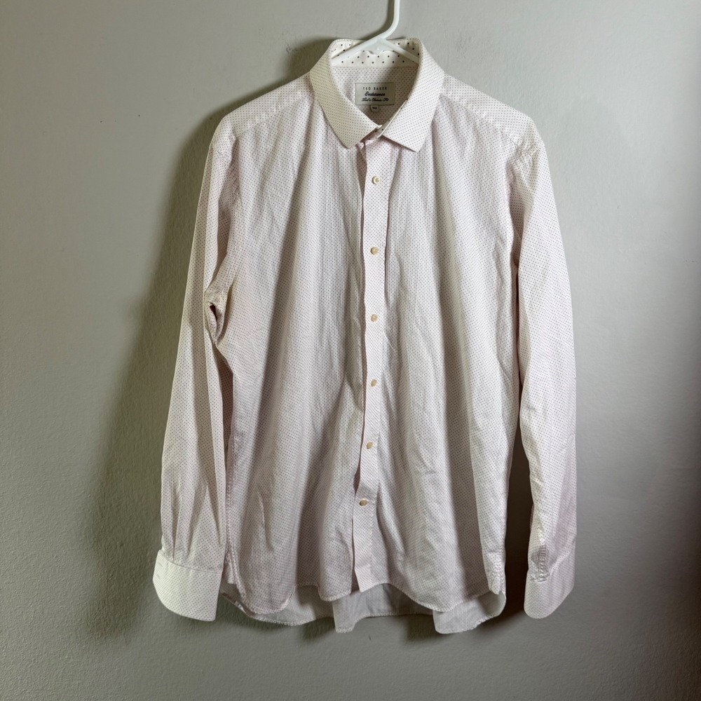 Ted Baker Endurance Mens 16.5 Classic Fit White Red Micro Dot Cotton Dress Shirt